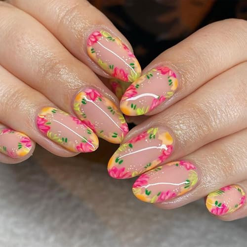 24Pcs Pink Press on Nails Almond Short, Soft Gel Fake Nails with Floral Pattern for Women Girls, Reusable Stick Glue on False Nails Sets for Gift Party