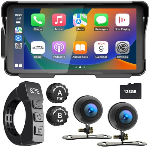 WEUASTE Professional Motorcycle Carplay with Dash Cam (Includes SD-128G), Android Auto, Motorbike TPMS GPS Navigation, 5.5 IP66 Waterproof Touchscreen, Support Bluetooth/Siri/Google Assistant