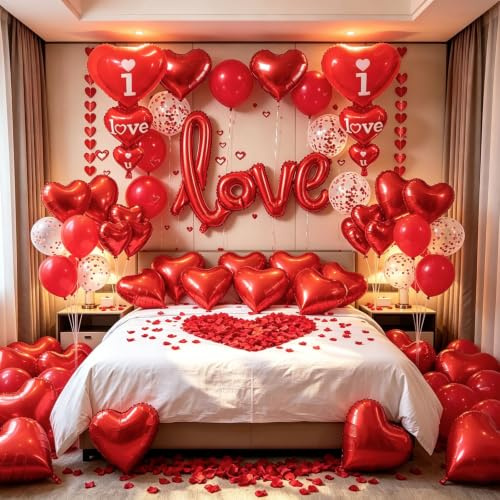 Valentinstag Luftballons Deko Set, I LOVE YOU Ballons und Herz Ballons mit dunkelroten Blütenblättern Rote Herzen Anhänger Girlande für Valentinstag Party Hochzeit Verlobungsdekor
