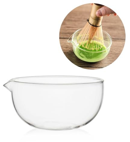 Glass Matcha Bowl With Pouring Spout, Ceremonial Mixing Chawan, 4.5 in, Clear Japanese Style Matcha Green Tea Cup, Hammer Spouted Matcha Mixer,Matcha Bowls,Glass, transparent, no lines (370ML)