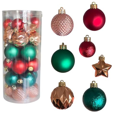 pokm toolsmarket - 32er Set Weihnachtskugeln Kunststoff, Rot Grün Rose Gold Stern, Robuste & Sichere Christbaumschmuck Set mit Aufhängeöse, unzerbrechliche Weihnachtsdeko