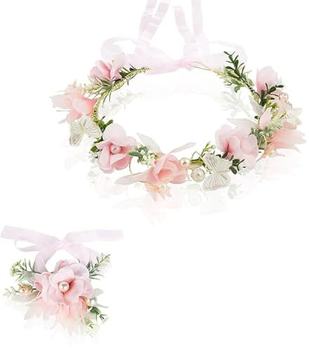 HIQE-FL Blume Krone,Braut Haarschmuck mit Armband-Set,Haar Garland,Blumenkranz Haare,Blumenkranz Blume Krone Stirnband,StirnBand,Braut,Haarband Blumen Hochzeit (H)