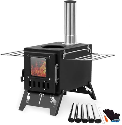 WUDLEP Poêle à bois portable en acier inoxydable pour tente, camping, extérieur, argenté