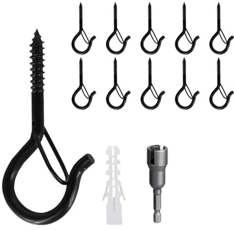 KUKUJIWA 10 Piezas Gancho de Tornillo de Acero Inoxidable con Hebilla de Seguridad, Ganchos de Techo y Pared para Colgar Plantas, Luces, Decoraciones Navideñas y Cestas Colgantes (Negro)