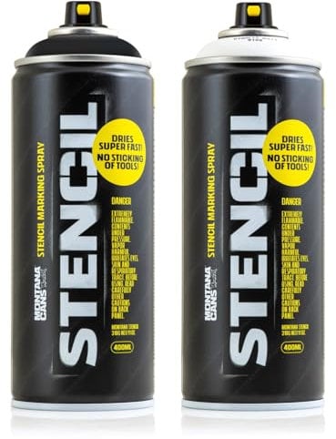 Stencil King - Montana Cans Schablonenspray schwarz & weiß mit 36 HipHop, Graffiti Schablonen zum Malen und Sprühen, wiederverwendbar