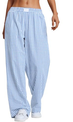 Rapbin Pantalon de pyjama pour femme - Long été 2025 - Coton - À carreaux - Doux - Avec poches, Bleu vichy, L