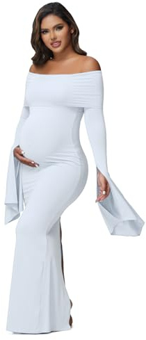 JustVH Umstandskleid Damen Langarm Schulterfrei Schwangerschaftsfotografie Babyparty Fotoshooting Party