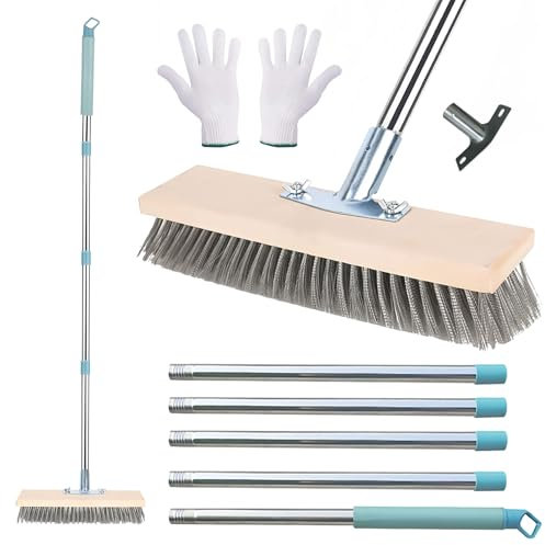 12” Heavy Duty Wire Brush with 5 Detachable Pole, Stiff Wire Broom, Yard Brush Heavy Duty Outdoor for Patio, Deck, Garden, Hard Bristle Broom with Cotton Work Gloves