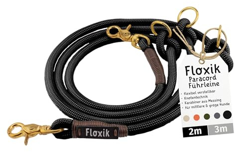 Floxik Hundeleine Paracord 2m Schwarz | Führleine für mittlere & große Hunde | Wetterfest & Pflegeleicht | Flexibel verstellbar Dank cleverer Knotentechnik | Hohe Reißfestigkeit | ø11mm