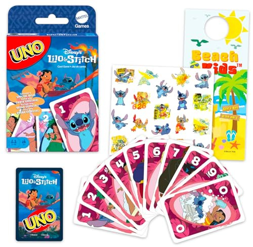 Stitch UNO Kartenspiel-Set – Bündel mit Disney UNO Deck für Kinder plus Aufkleber, mehr | Lilo und Stich Kartenspiel für Kinder, Familienspielabend