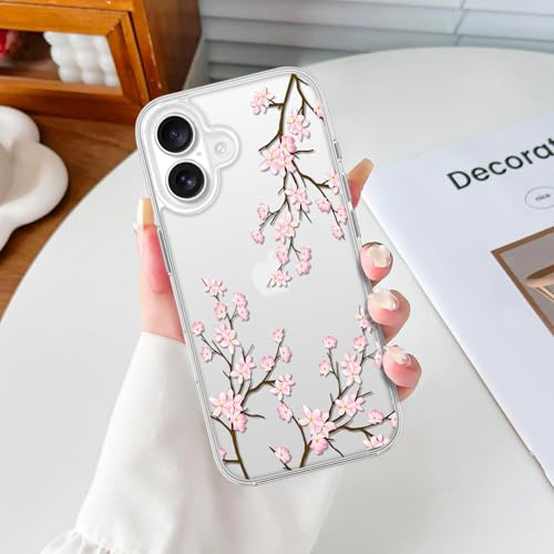 xoniery Compatible for iPhone 16 Case Cute Clear Flower Floral Slim Soft TPU Shockproof Protective Aesthetic Transparent Anti-scratch Anti-yellowing Cover for Women Girl, Pink