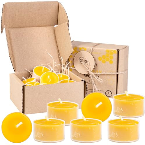 BeesWax World Teelichter aus 100 % natürlichem Bienenwachs | 10-50-teiliges Set mit stabilen Dochten | Ø 37 mm | 4 Std Brenndauer – Metall | Transparent | Weiß – Allergiefrei (Transparent, 10)