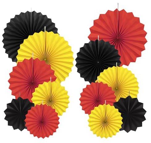 Vsosfiza Paper Round Fan Party Decorations, Red Yellow Black Hanging Fans for Race Car, Fire Truck, Birthday Party, Baby Shower, Graduation Events,Set of 12(8,10,12,14)