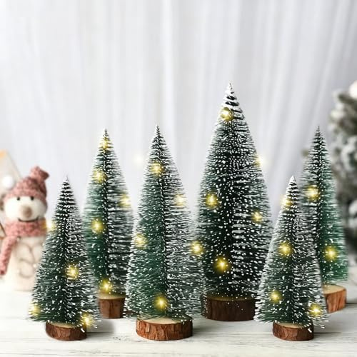 6Pcs Mini Christmas Tree, Miniature Frosted Christmas Trees Bottle Brush Fake Trees with Wooden Base Winter Snow Ornaments with LED String Lights for Home Office Living Room Bedroom Table Decoration
