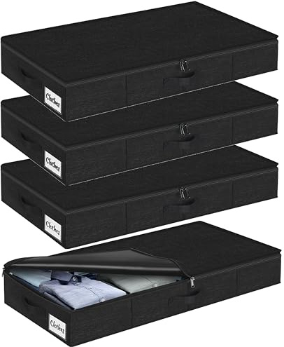 Unterbett Aufbewahrungsbox mit Deckel 12cm hoch, 4 Stück Faltbar Unterbettkommode, Waschbar Kleideraufbewahrung & Organisation, 3 Griffen Reißverschlussdeckel Aufbewahrungsboxen für Kleidung Decken