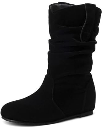 Stivali da Donna a Mezza Gamba Slip-on con Tacco Zeppa Nascosto, Stivali Casual Comodi in Ecopelle per Uso Quotidiano,Black Suede,34 EU