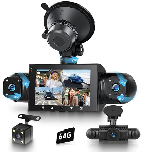 360° 4 Canales Dashcam para Coche, 4 1080P Delantera y Trasera Izquierda Derecha, Dash CAM de 3 Pulgadas 1080P con Visión Nocturna IR/Vídeo en Bucle/24H Monitor/G-Sensor de Aparcamiento 64 GB Tarjeta