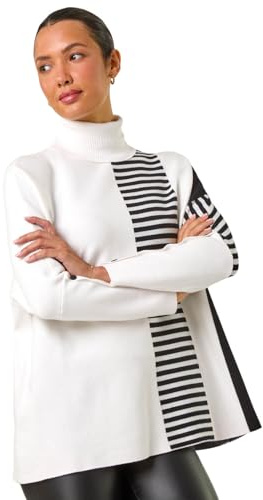 Roman Originals Stripe Colour Block Jumper for Women UK - Ladies Everyday Autumn Winter Roll Neckline Comfy Soft Evening Vacation Work Party Night Out