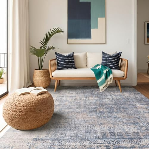 Kokia Abstrakter Teppich 200x290 cm Blau Waschbar fürs Wohnzimmer | Weich, Rutschfest und Kurzflor, in Oslo Blau fürs Schlafzimmer, Büro und den Farmhouse-Stil