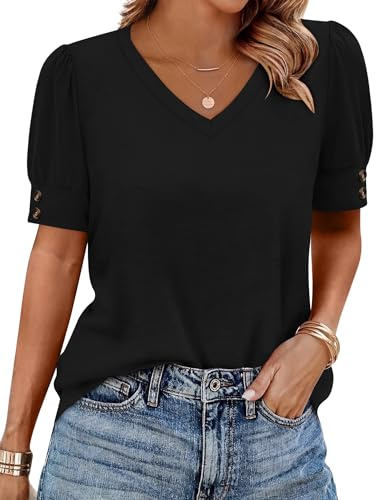 Rapbin Womens Short Sleeve Tops Buttons V Neck Ladies Blouse Fashion Dressy Shirts Loose Summer Outfits