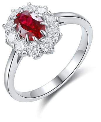 Whoiy Ring Weissgold Damen Kreierter Rubin 1ct, Verlobungsringe Bandring Echtgold 750 Oval Hochzeitsring 18 Karat Gold mit Gravur für Frauen Gr. 49 (15.6)