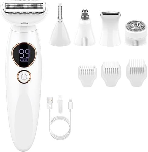 Rasoir Elios Femme 5 en 1, Rasoir Femme, Épilateur Électrique avec Affichage LED et Chargement USB, IPX7 Étanche, pour Bikini, Aisselles, Jambes, Nez