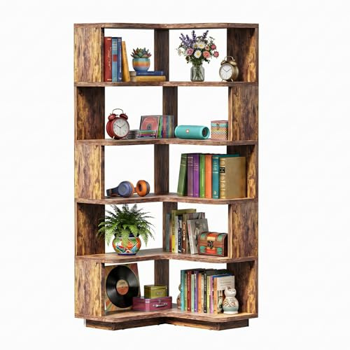 Homieasy Eckregal 5 Ebenen, L-förmiges Bücherregal, Rustikales Braun | Standregal, Raumsparend, 60x60x162cm, Kippsicherung, Abgerundete Kanten, Für Wohnzimmer & Büro, MDF
