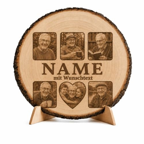 INDIGOS Personalisierte Baumscheibe mit Name mit 6 Fotos und Wunschtext - Erlenholz Holzscheibe 20-23 cm - individuelles Fotogeschenk für alle zum Geburtstag, Vatertag, Ostern und Weihnachten