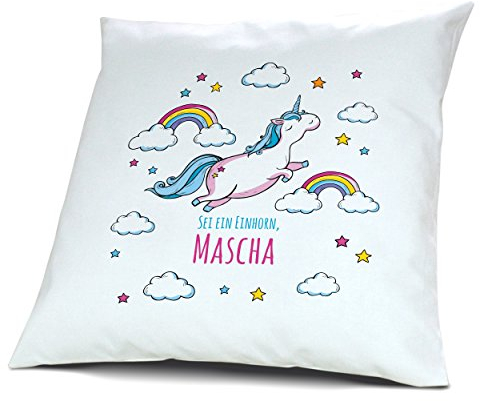 printplanet Kopfkissen mit Namen Mascha - Motiv Sei EIN Einhorn, 40 cm, 100% Baumwolle, Kuschelkissen, Liebeskissen, Namenskissen, Geschenkidee