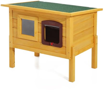 Pawhut Garden Wooden Cat House Outdoor Waterproof Roof with Door & Window | Pet Play Home, Kitty Shelter, Kennel