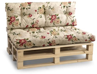 Gutekissen Palettenkissen, Gartensofakissen, Gesteppte Kissen gefüllt mit granuliertem Poulirette-Schaum, viele Farben und Größen PPI (Set (Sitzkissen 120x80 +Rückenlehne 120x40), Blumen 4)
