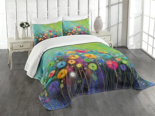 ABAKUHAUS Blume Tagesdecke Set, Bunter Löwenzahn, Set mit Kissenbezug Romantischer Stil, für Einzelbetten 170 x 220 cm, Lavendel Grün