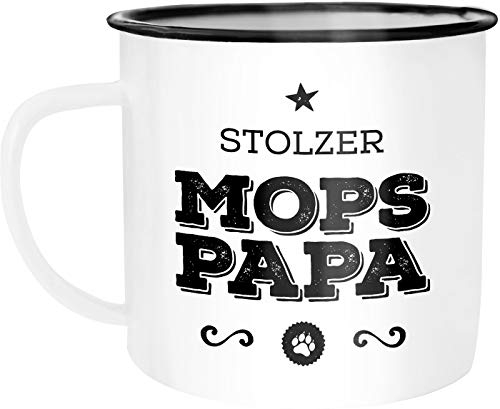 Moonworks Emaille Tasse Becher Stolzer Mops Papa Mops Besitzer Hundebesitzer Kaffeetasse weiß-schwarz unisize