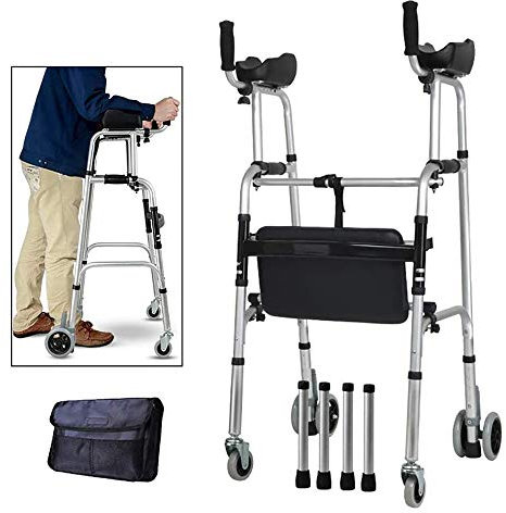 Wheel Walking Frame with Armrest Support Pad Thick Aluminum Alloy Rehabilitation Auxiliary Walking Frame Elderly Walking Aid Height Adjustable (with seat)