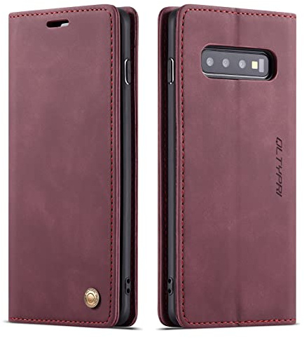 QLTYPRI Hülle für Samsung Galaxy S10 Plus, Vintage Dünne Handyhülle mit Kartenfach Geld Slot Ständer PU Ledertasche TPU Bumper Flip Schutzhülle Kompatibel mit Samsung Galaxy S10 Plus - Rot