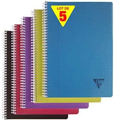 Clairefontaine 329146C Collection Linicolor Intensive Lot de 5 Cahiers à Spirale - A4 21x29,7 cm - 180 Pages Lignées avec Marge - Papier Blanc 90 g - Couverture Polypro - Couleurs Aléatoires Intensive