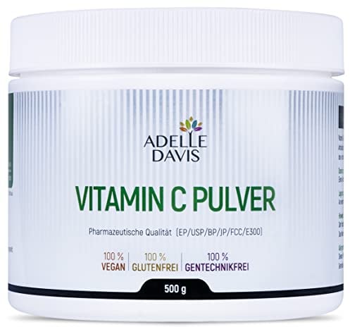 Adelle Davis® Vitamin C Pulver 500 Gramm - Reine Ascorbinsäure aus Fermentation von gentechnikfreiem Mais - Pharmazeutische Qualität | 1 Dose mit 500g von Adelle Davis