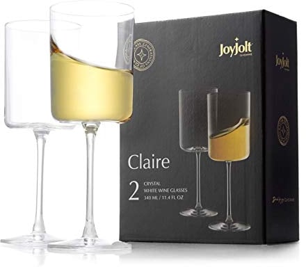 JoyJolt Claire 11.4oz White Wine Glass Set of 2, Elegant Crystal Stemware Stemmed Wine Glasses Made in Europe, Unique and Modern Glasses with Stem