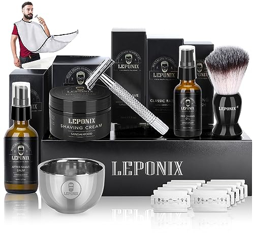 Kit Rasage Homme, Y compris Rasoir De Sureté Homme,Pâte à raser de santal, Huile avant rasage, Baume Apres Rasage, Brosse à raser,Bol à raser, Tablier barbelé, Coffret Cadeau Homme