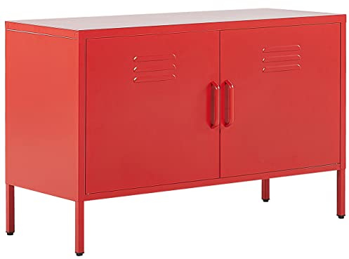 Beliani Sideboard mit 2 Türen 2 Griffen Stahl rot herausnehmbarer Regalboden Uria