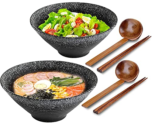 2 Set Tableware Ceramic Ramen Bowl - Japanese Noodles Bowls Dinner Sets for Pasta Soup Pho Mixing Salad Dishes Snack cereal Food with Spoons Chopsticks Kit 1000 Ml for New Home House Warming Gifts