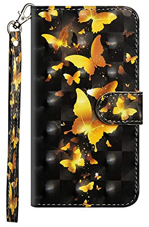 Sunrive Kompatibel mit Cat S52 Hülle,Magnetisch Schaltfläche Ledertasche Schutzhülle Etui Leder Case Cover Handyhülle Tasche Schalen Lederhülle MEHRWEG(Goldener Schmetterling)