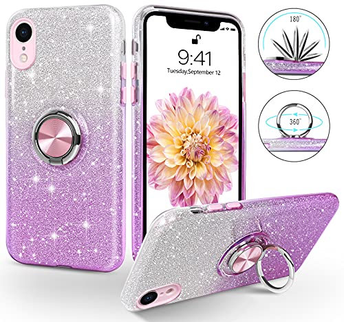 SouliGo for iPhone XR Case Glitter Bling Sparkle Trendy Girls Women Cover 360° Ring Holder Kickstand Magnetic Car Mount Protective Shockproof Phone Case for iPhone XR 6.1 Inch, Gradient Purple