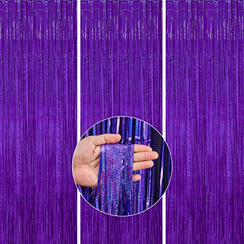 PartyWoo XtraLarge 3 Stück, Lametta Vorhang, Deko, Hintergrund, Foil Fringe Curtains, Partydeko für Geburtstag, Hochzeit, Party, Baby Shower, JGA (Violett, 1x2m), Lila-1297, 2 m