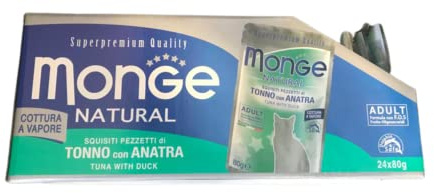 Monge Natural Supremium Quality Nassfutter für ausgewachsene Katzen, Geschmack Thunfisch mit Ente gedämpft, Packung mit 24 Beuteln (1 Beutel = 80 g) Ohne Farb- und Konservierungsstoffe