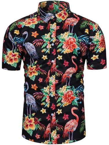 fohemr Funky Hawaiian Shirts for Men Short Sleeve Tropical Button Down Summer Beach Shirts Flamingo Print Black Small
