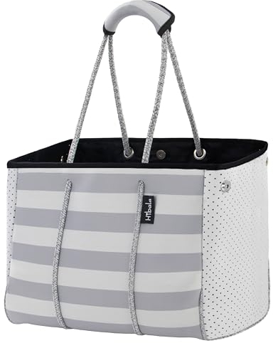Hibala Mehrzweck-Strandtasche, Neopren, für Fitnessstudio, Reisen, Pooltasche, Tragetasche für Damen und Herren, Graue Streifen