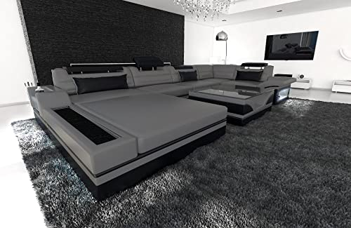 Sofa Wohnlandschaft Mezzo U Form Ledersofa - mit LED Beleuchtung, verstellbare Kopfstützen, Recamiere/Lederfarben wählbar/Ausrichtung Ottomane wählbar (Ottomane Links, Grau-Schwarz)