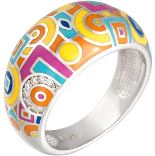 Jeulia Damen Sterling Silber Ring Mehrfarbig Emaille Blumen Geometrisch Diamant Band Ring für Frauen Mädchen Breiter Ring Party Schmuck Personalisierte Anniversary Geschenk (59（19.0）, Geometric)