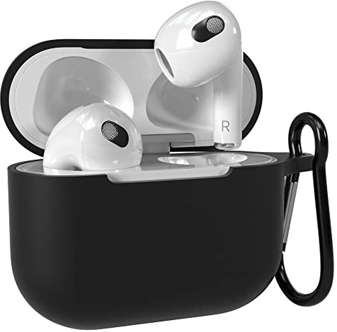 EAZY CASE - Schutzhülle für AirPods 3 Hülle Schwarz Silikon Case Stoßfest mit Karabiner geeignet als Schlüsselanhänger Antikratz Etui rutschfeste Silikonhülle für Airpod 3. Generation in Schwarz